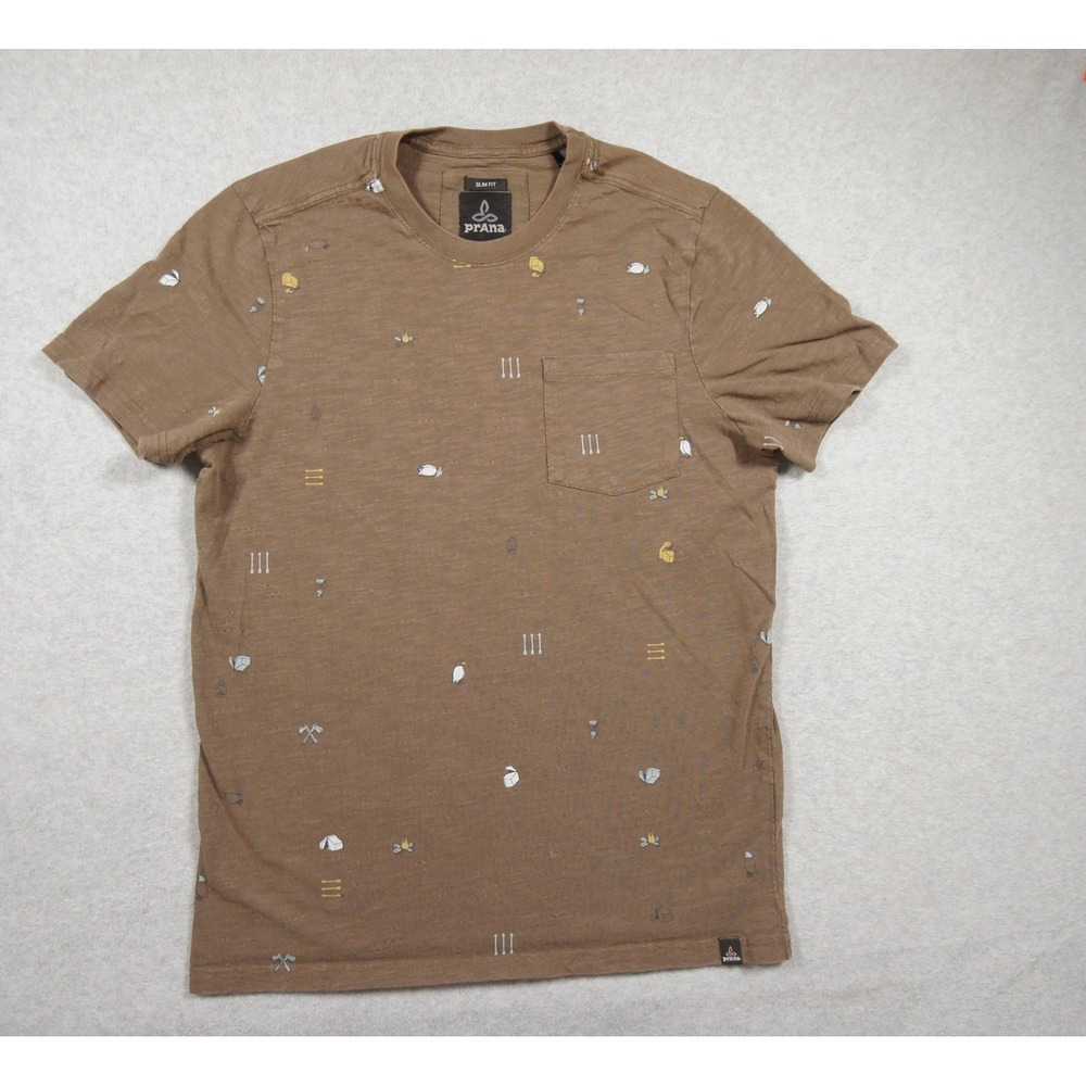 Prana Shirt Mens Small Brown Pocket Tee Crewneck Slim Fit Outdoors Hike Camp